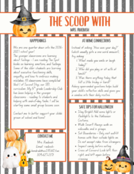A Halloween-themed newsletter header with pumpkins, a witch hat, and a ghost titled "THE SCOOP WITH MRS. RUEBUSH". Sections titled "Happenings," "At Home Connections," "Safe Tips for Halloween," and "Contact Me" outline first-quarter updates.